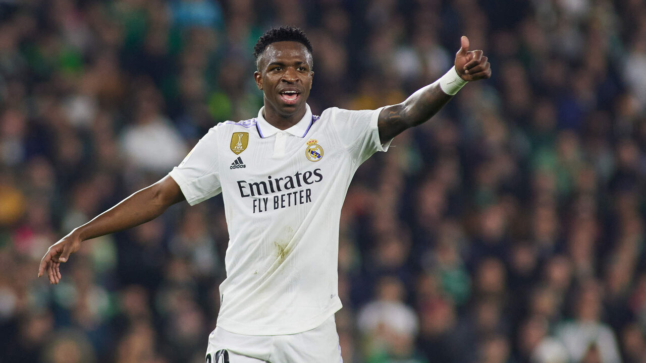 Vinicius Junior of Real Madrid protests during the spanish league, La Liga Santander, football match played between Real Betis and Real Madrid at Benito Villamarin stadium on March 5, 2023, in Sevilla, Spain.