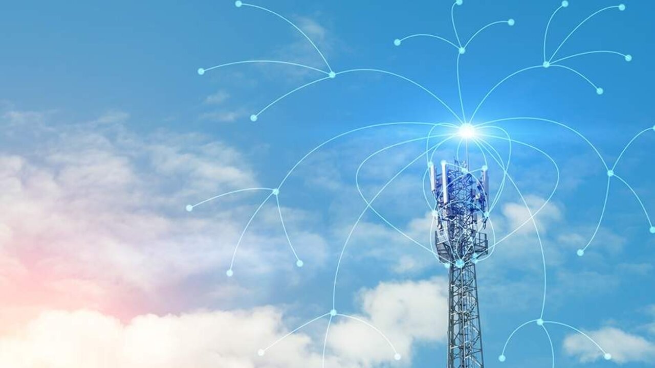 Telecommunication tower with copy space.Digital wireless connection system.Development of communication systems in urban areas.Modern Business Communication Concept.Antenna.