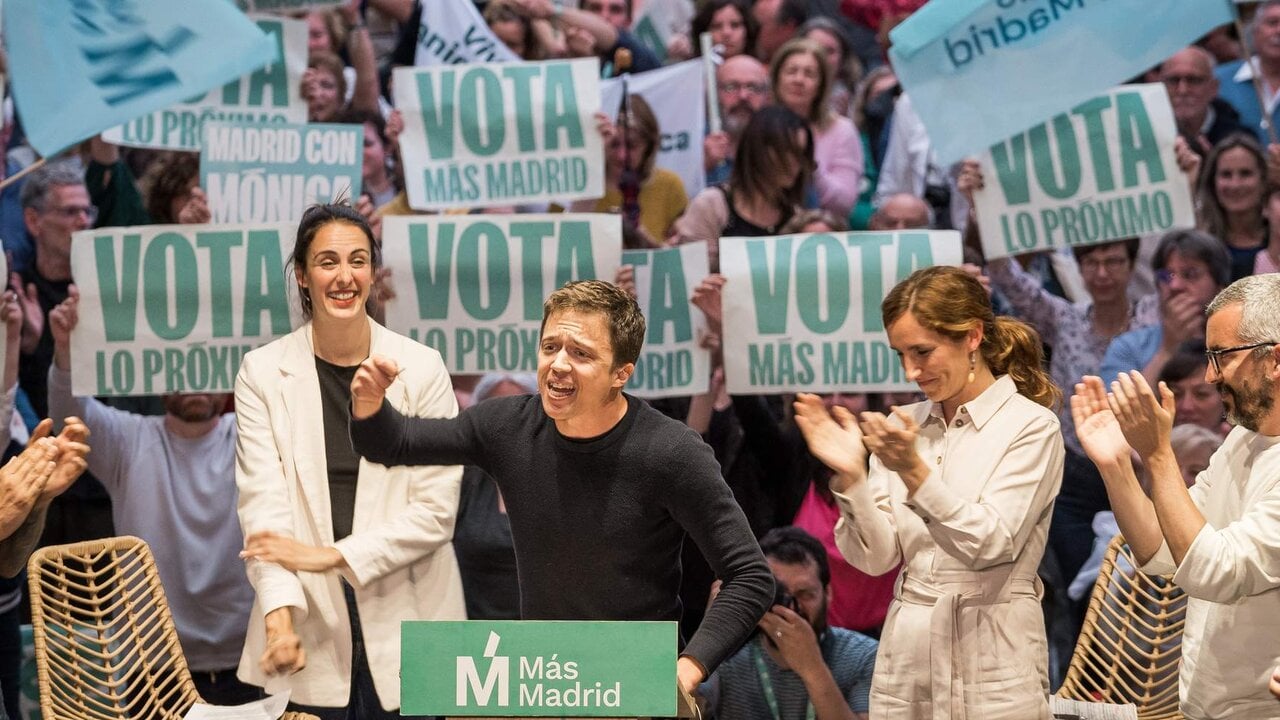 Un mitin de M&aacute;s Madrid con Rita Maestre, &Iacute;&ntilde;igo Errej&oacute;n y M&oacute;nica Garc&iacute;a.