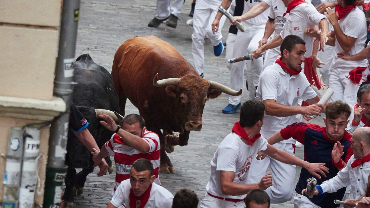 Imagen del quinto encierro de los Sanfermines de 2023, protagonizado por los toros de N&uacute;&ntilde;ez del Cuvillo.