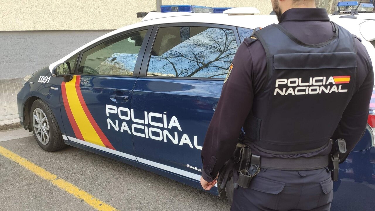 Un agente de la Polic&iacute;a Nacional en Palma de Mallorca junto al coche policial.