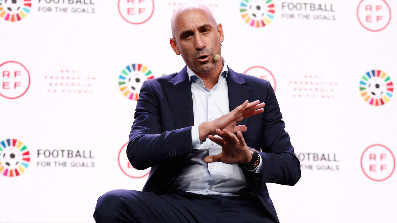 Luis Rubiales, President of Spanish Football Federation RFEF, attends during the presentation of the alliance with the UN of the commitment to human rights and sustainability by joining the #FootballForTheGoals initiative at Ciudad del Futbol on november 15, 2022, in Las Rozas, Madrid, Spain.