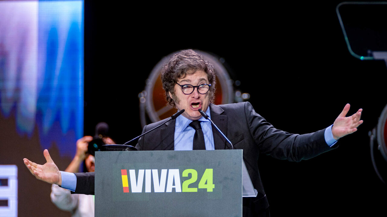 Javier Milei, president of Argentina and leader of the Argentinian right-wing political party La Libertad Avanza, speaks during the political convention Europa Viva 24 organized by the far-right Spanish party VOX at Palacio de Vistalegre in Madrid.