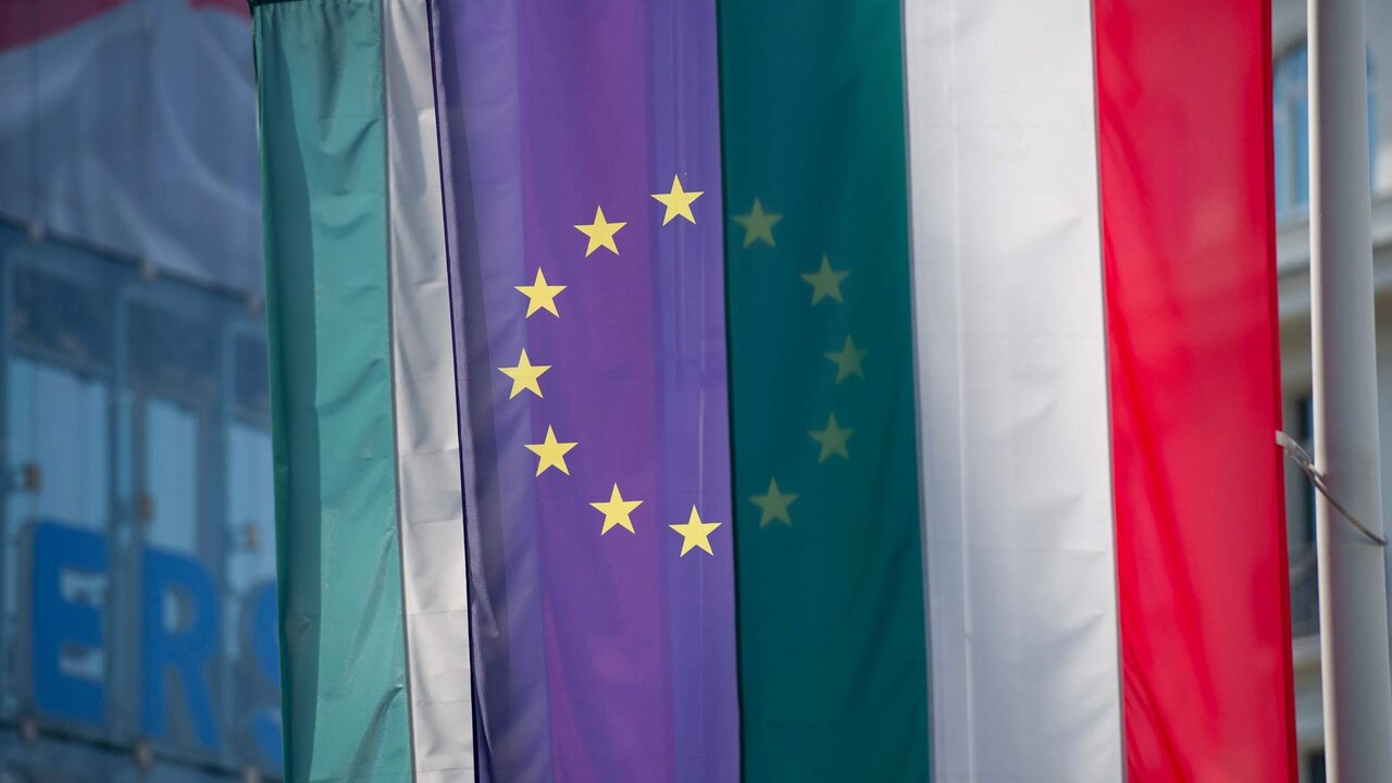 Hungarian and European Union flags are pictured on July 22, 2021 in Budapest, Hungary.