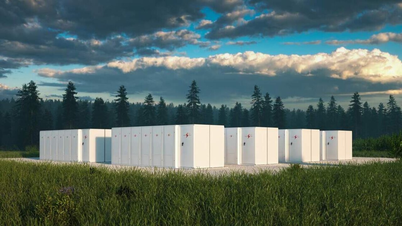 Eco friendly battery energy storage system in nature with misty forest in background and fresh grassland in foreground. 3d rendering.