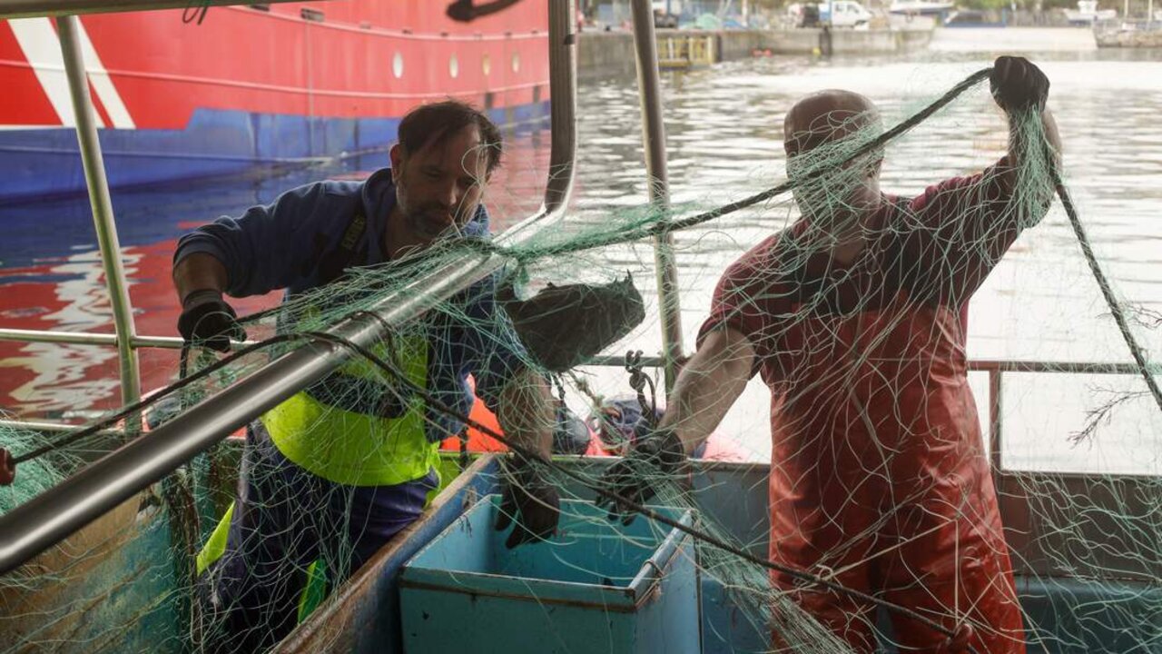Burela, Lugo. Descarga de pulpo y marisco en los d&iacute;as previos a la Navidad. Los d&iacute;as previos a la Navidad la demanda de marisco y pescados de calidad aumenta exponencialmente, y los patrones y pescadores de A Mari&ntilde;a aumentan su carga de trabajo para poder proveer a los clientes y asegurarse un buen salario de cara a las fiestas navide&ntilde;as. En la imagen, los marineros y el patr&oacute;n del Mar de Annea, Carlos Ramos, desenmara&ntilde;an las redes cargadas de centolla, bogavante y pescado en el Puerto de Burela, en la tarde del mi&eacute;rcoles 21 de diciembre
