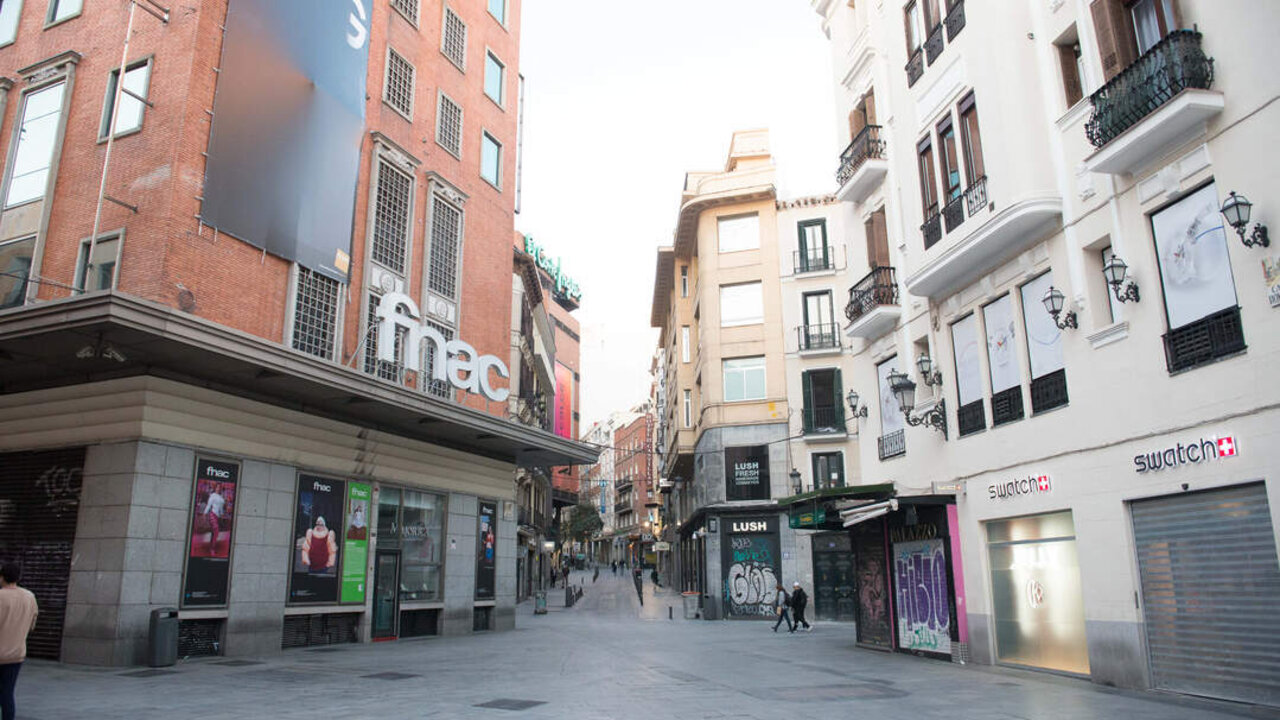 A general view of desserted Preciados street day after the Government declared the state of alarm in Spain and recommended people to stay at home to fight coronavirus COVID-19 on March 14, 2020 in Madrid, Spain