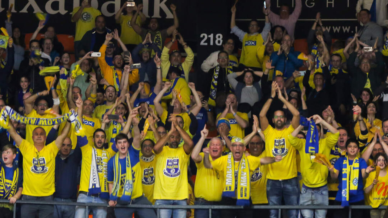 Fans of Maccabi Tel Avi during Euroleague Turkish Airlines  Regular Season Round 25 match between. Valencia Basket and Maccabi Tel Avi  played at  Fuente de San Luis Pavilion. In Valencia, Espain. february 21, 2020.
