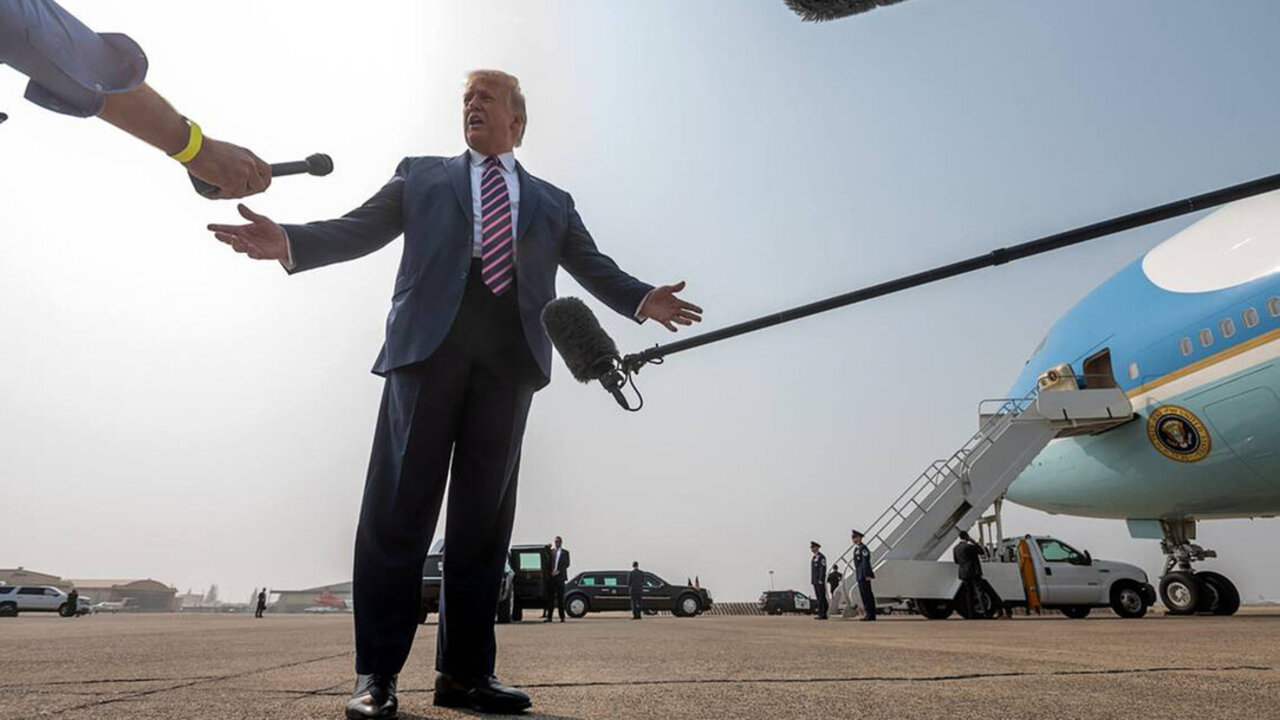 President Donald Trump speaks to the media at Sacramento McClellan Airport on Monday, Sept. 14, 2020, before he meets with California Gov. Gavin Newsom and state officials to discuss wildfires.