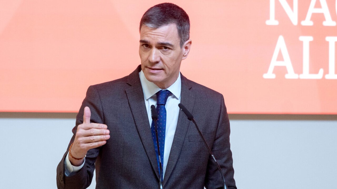 El presidente del Gobierno, Pedro S&aacute;nchez, interviene durante el acto de presentaci&oacute;n de la Estrategia Nacional de Alimentaci&oacute;n.