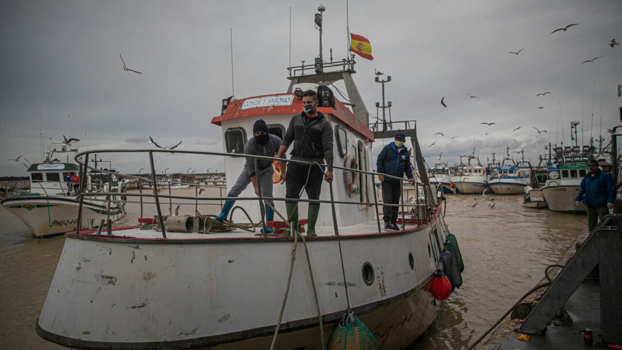 Marineros y pescadores en la lonja del  Puerto de Bonanza en Sanl&uacute;car de Barrameda.