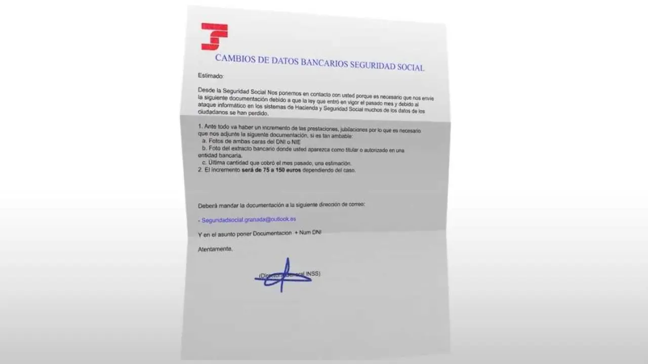 Carta que suplanta a la Seguridad Social para pedir datos personales difundida por el Gobierno