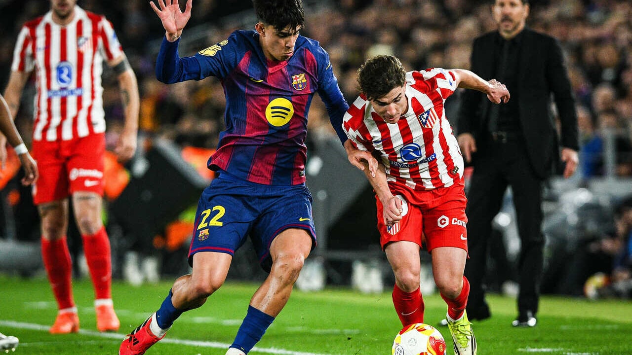 Marc BERNAL of Barcelona and Julian ALVAREZ of Atletico Madrid during the Copa del Rey match between FC Barcelona and Atletico de Madrid at Spotify Camp Nou Stadium on March 03, 2026 in Barcelona, Spain.