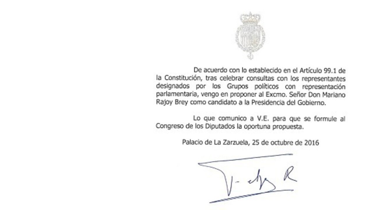 El rey propone a Mariano Rajoy a las Cortes Generales