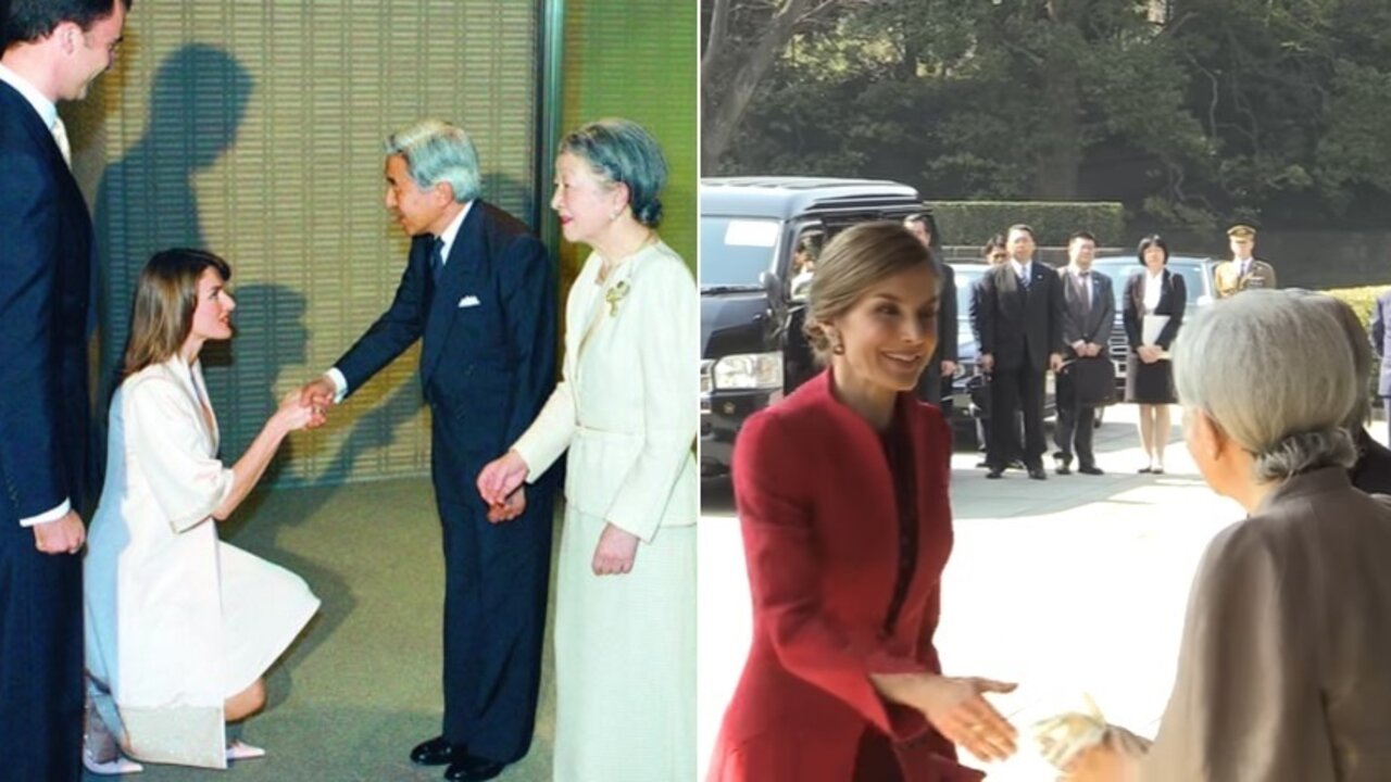 Do&ntilde;a Letizia saludando a los emperadores de Jap&oacute;n en 2005 y en 2017.