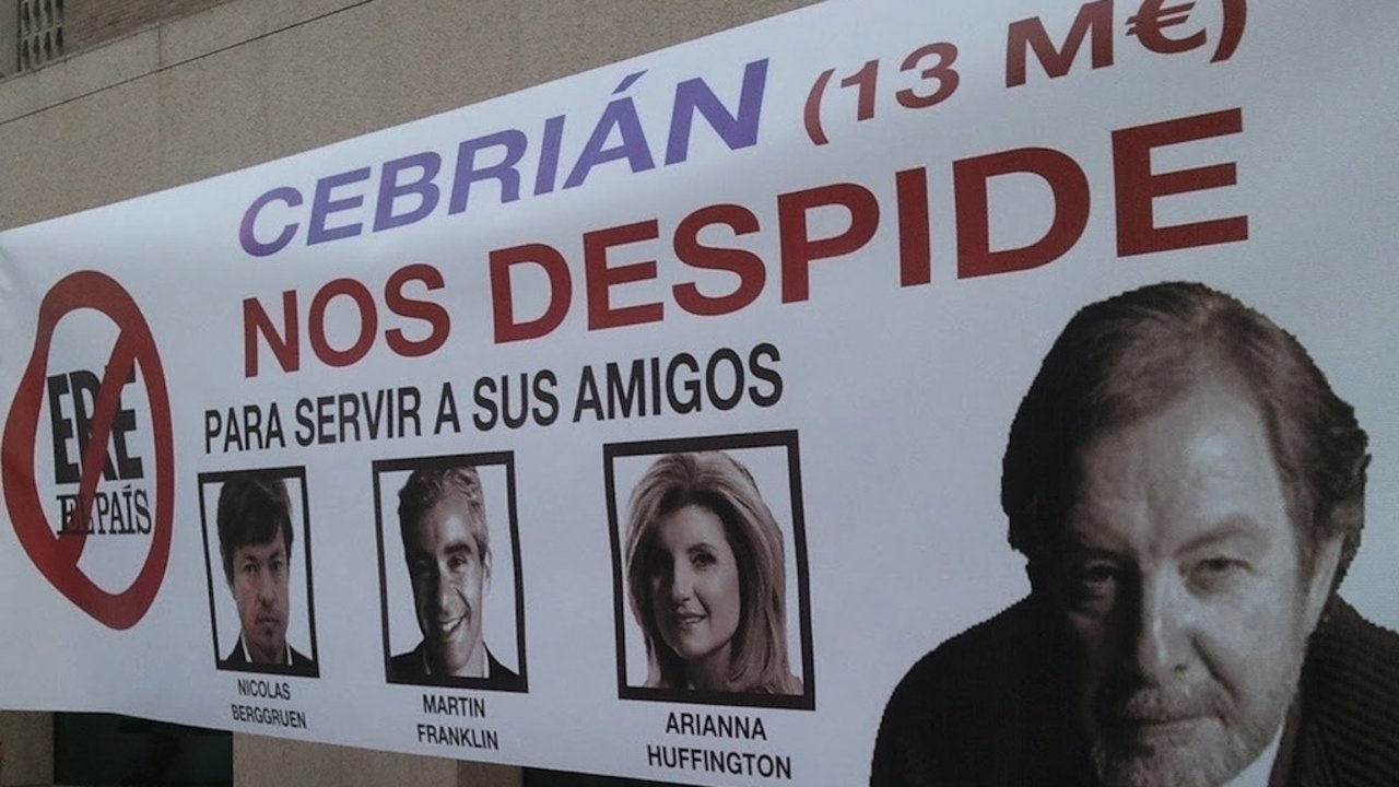 Pancarta contra el ERE de Prisa.