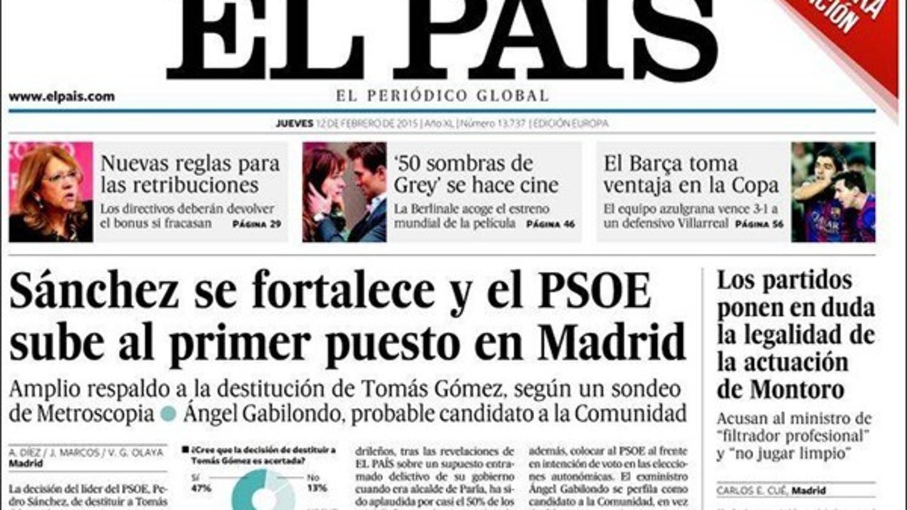 Portada de El País el día después de la destitución de Tomás Gómez.