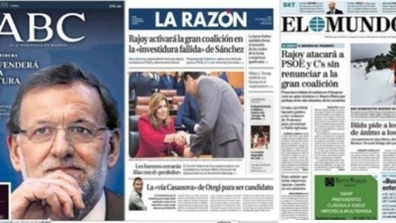 Portadas de ABC, La Razón y El Mundo.