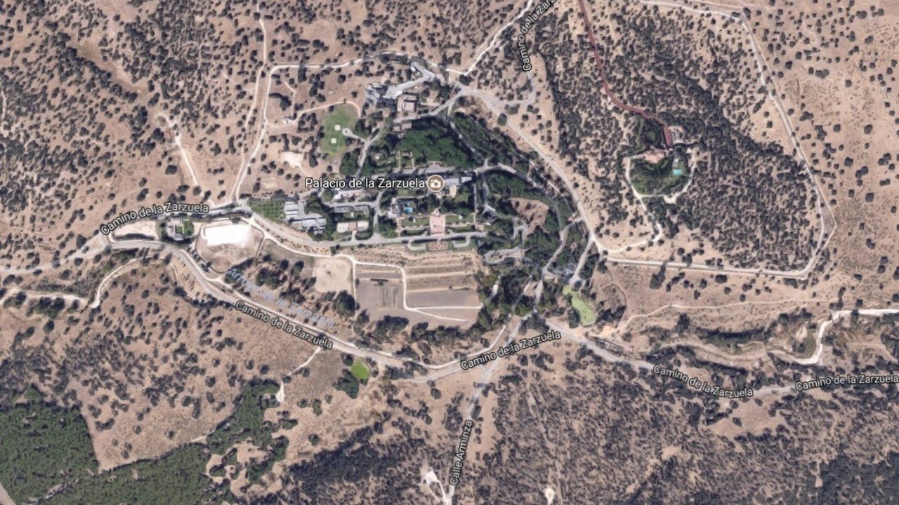 Vista aérea del Palacio de la Zarzuela, en el Monte de El Pardo (Google).