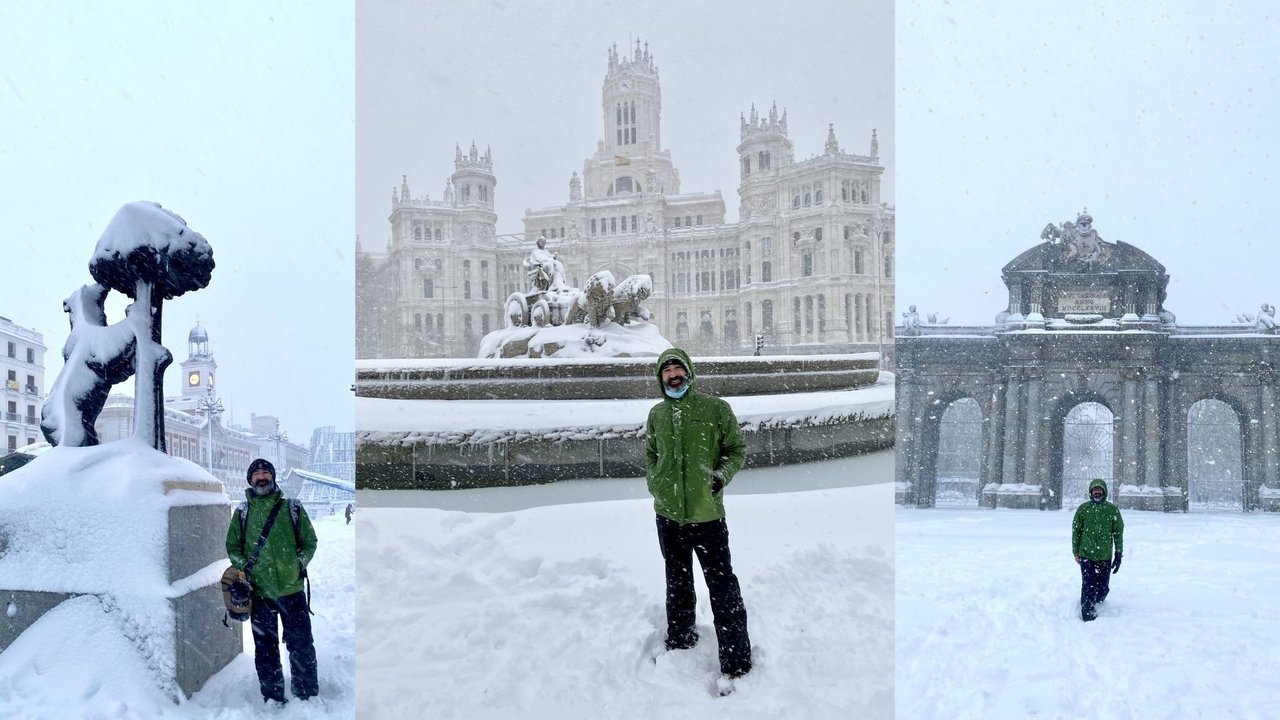 Ignacio Izquierdo en Sol, Cibeles y la Puerta de Alcalá durante su cobertura personal de la gran nevada madrileña del fin de semana pasado.