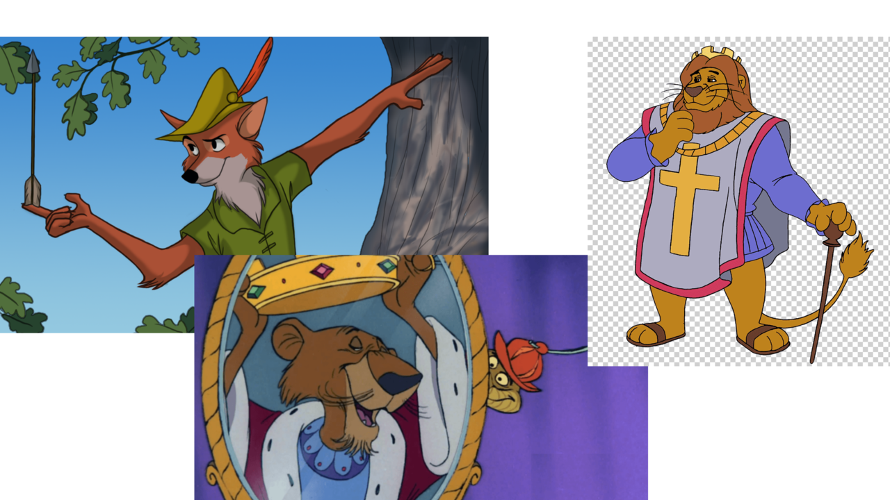 Cuatro caracteres representativos de la pelicula de animacion “Robin Hood” de Walt Disney, 1973.