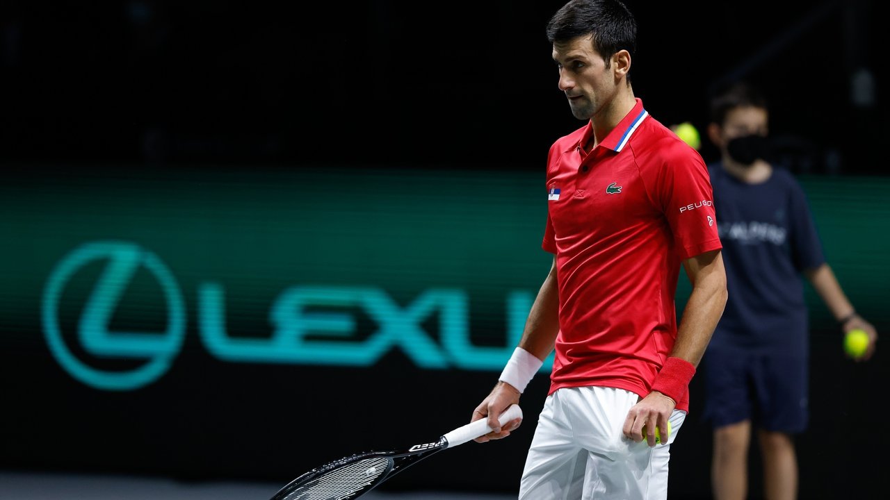 Novak Djokovic of Serbia in action during the Davis Cup Finals 2021, Quarter Final, tennis match played between Serbia and Kazakhstan at Madrid Arena pabilion on December 01, 2021, in Madrid, Spain.