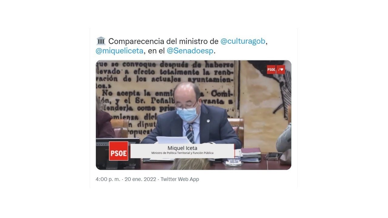 Publicación del PSOE sobre la comparecencia de Miquel Iceta en el Senado.