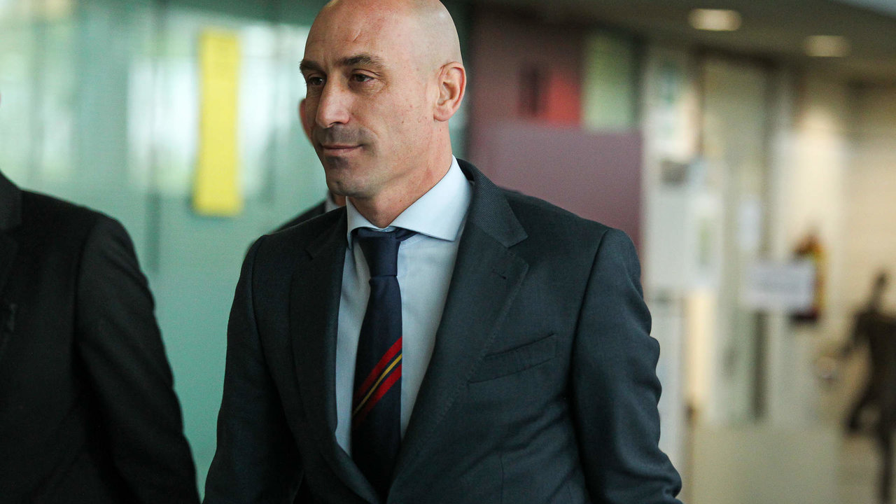 Luis Rubiales, President of RFEF (Real Spanish Soccer Federation) arriving at the press conference at Ciudad del Futbol on April 20, 2022 in Las Rozas, Madrid, Spain.
