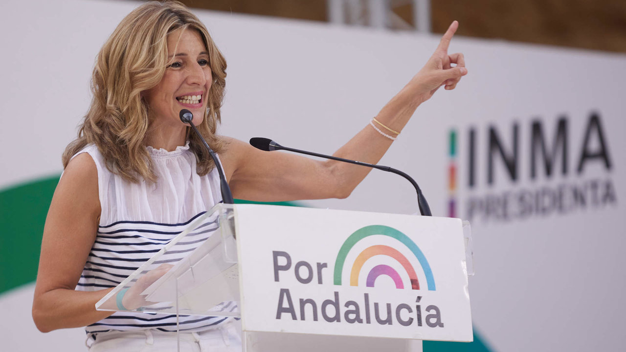 La vicepresidenta segunda del Gobierno, Yolanda Díaz, durante el acto central de la campaña electoral de la coalición Por Andalucía en el Auditorio Los del Río en Dos Hermanas, a 14 de junio del 2022 en (Sevilla, Andalucía)

