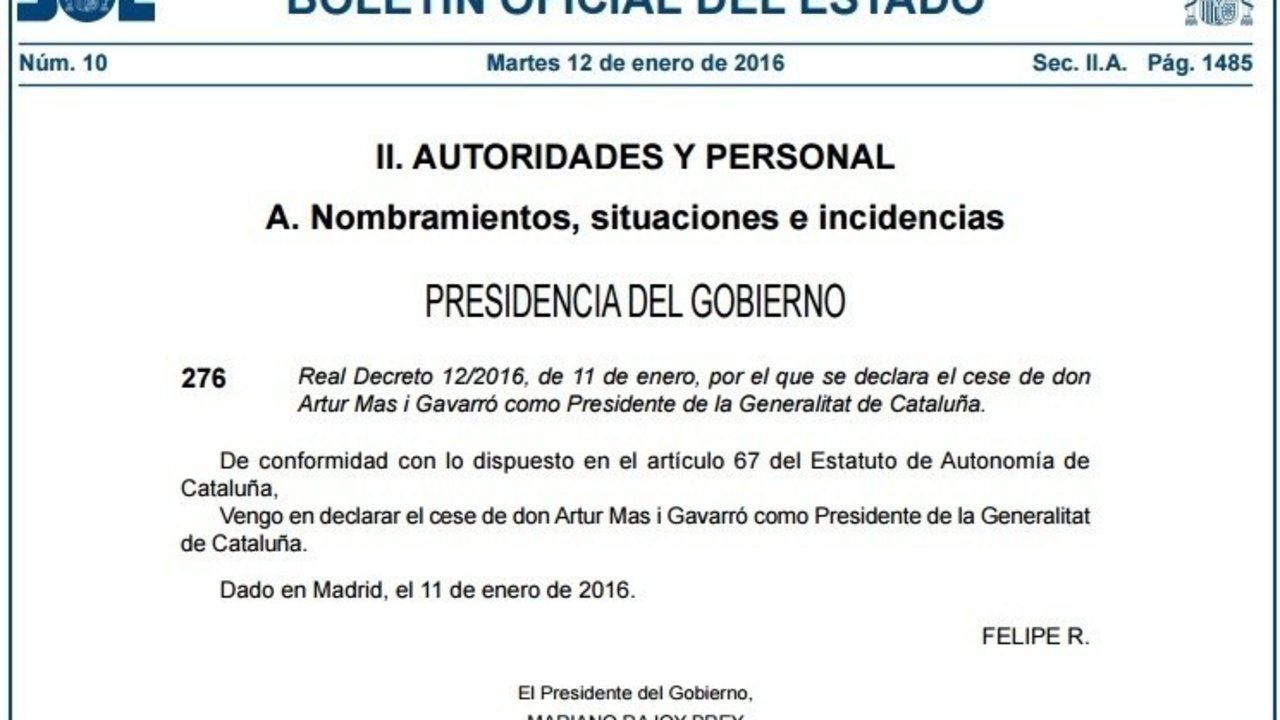 Decreto del BOE en el que se anuncia el cese de Artur Mas.