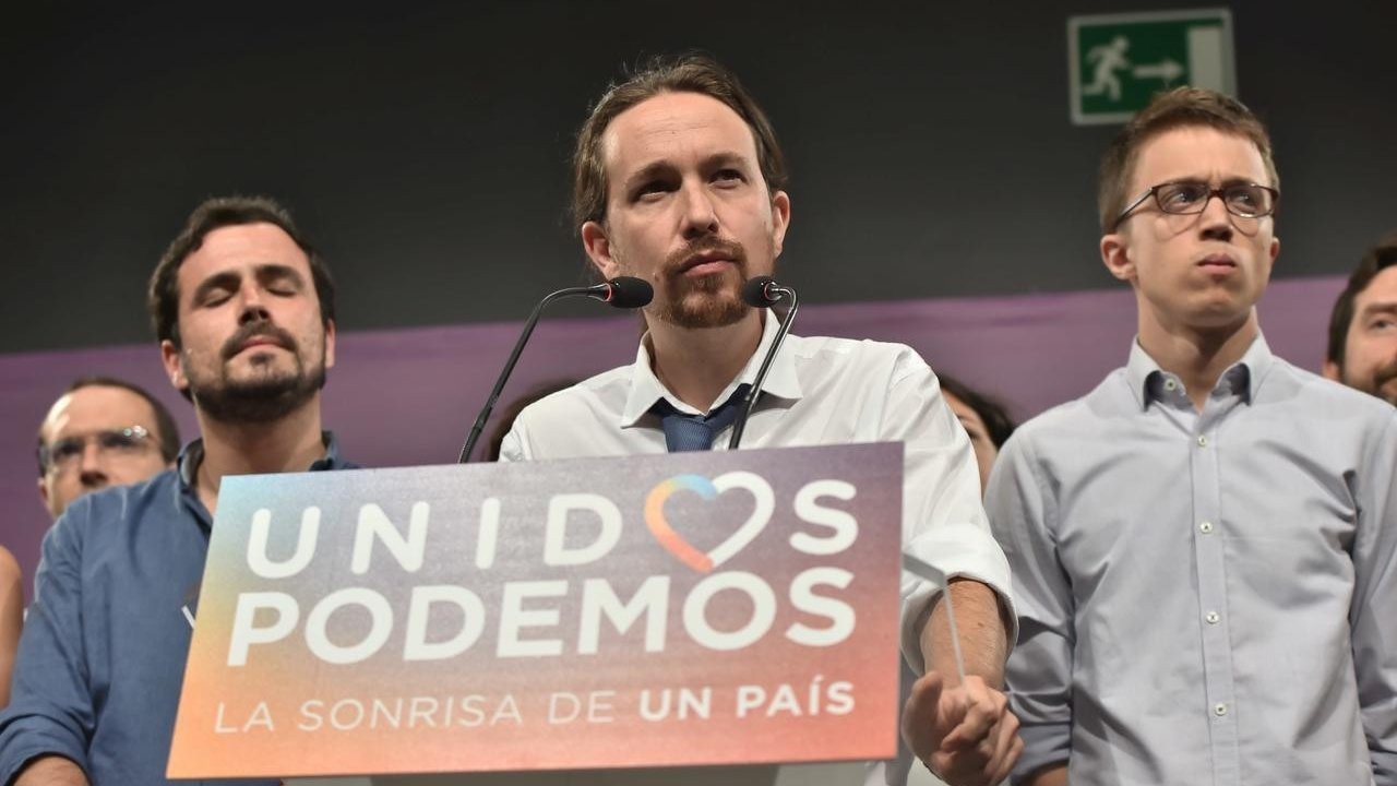 Alberto Garzón, Pablo Iglesias e Íñigo Errejón. Foto: Álvaro García Fuentes