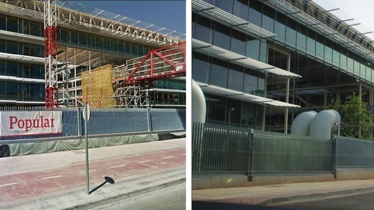 Sede en construcción del Banco Popular: con su logo, a la izquierda, y tras la retirada, a la derecha.