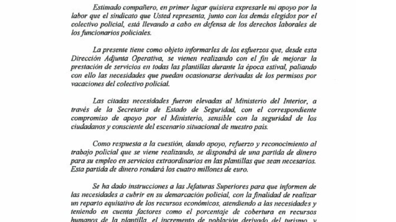 Carta del Director Adjunto Operativo de la Policía Nacional sobre el despliegue de verano.