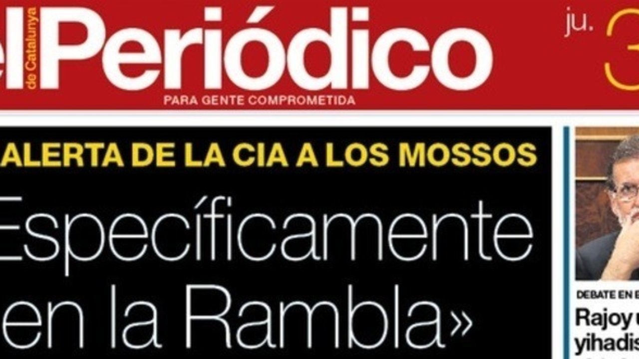 Portada de El Periódico de Catalunya con el aviso de la CIA a los Mossos.
