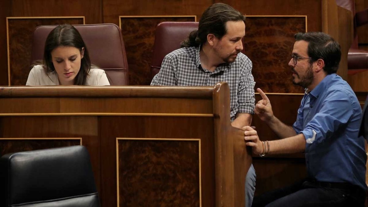 Madrid. 23.05.18. Pleno Congreso de los Diputados. Pablo Iglesias, irene Montero y Alberto Garzon, Podemos. FOTO: JOSE LUIS ROCA