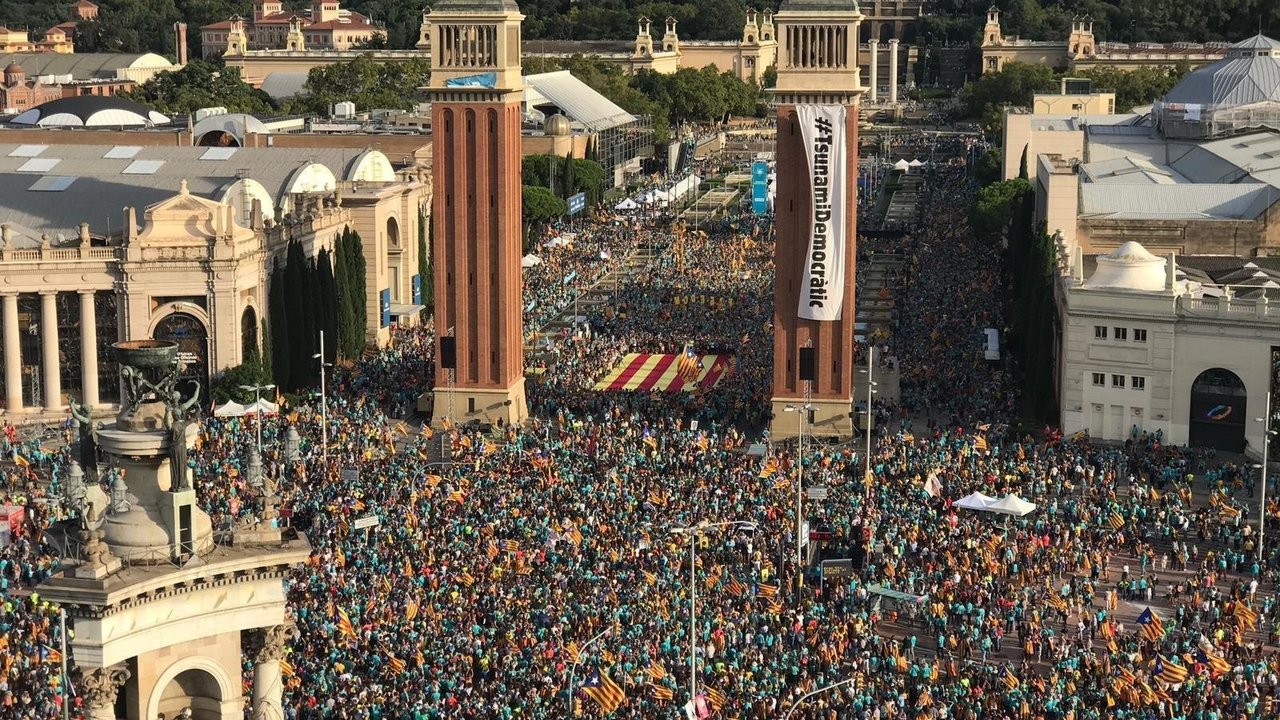Vista en altura de la Plaza de España de Barcelona el 11 de septiembre de 2019