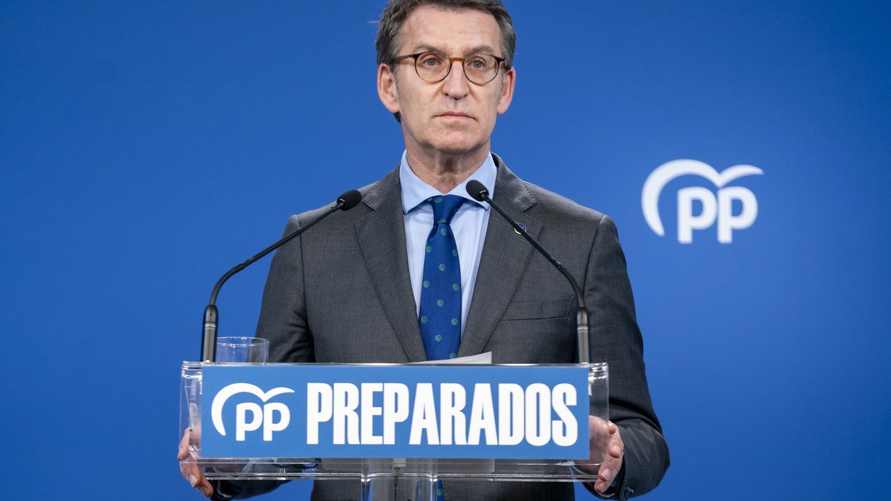 Alberto Núñez Feijóo durante una comparecencia en la sede nacional del Partido Popular en Madrid