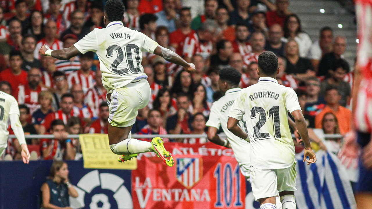 Vinicius Junior celebrates a goal scored by Federico Valverde of Real Madrid during La Liga football match played between Atletico de Madrid and Real Madrid at Civitas Metropolitano on September 18, 2022 in Madrid, Spain.