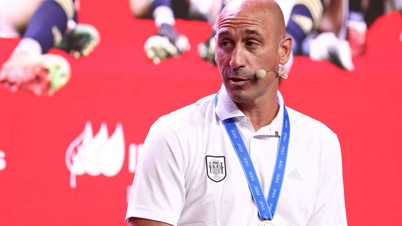 Luis Rubiales attends during the act of reception of the Spain Under 20 Women Team at Ciudad del Futbol after winning the World Championship in Costa Rica, on August 30, 2022 in Las Rozas, Madrid, Spain.