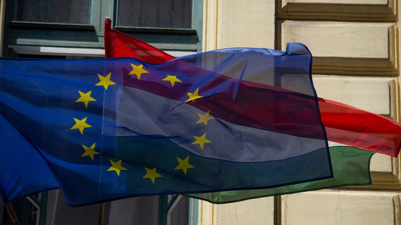 Hungarian and European Union flags are pictured on July 22, 2021 in Budapest, Hungary.