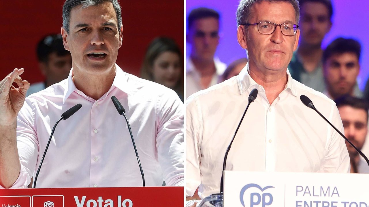 El presidente del Gobierno y líder del PSOE, Pedro Sánchez, y el líder del PP, Alberto Núñez Feijóo, durante sendos actos de campaña.