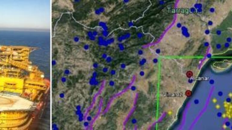 Plataforma de gas Castor, y mapa de seismos en la zona entre Castell&oacute;n y Tarragona relacionados con la actividad de esta plataforma.