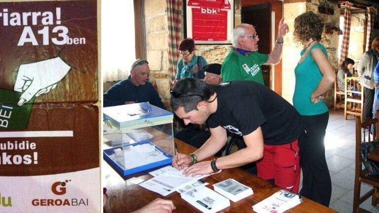 Cartel de la consulta de Etxarri, y una de las pruebas que se han hecho en el pueblo navarro.