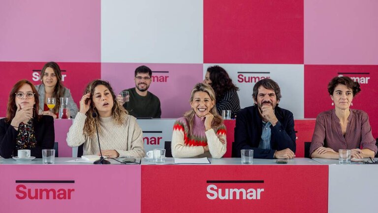 La Ejecutiva de Sumar, entre los que se encuentran Yolanda D&iacute;az, Elisabeth Duval y Ernest Urtasun.