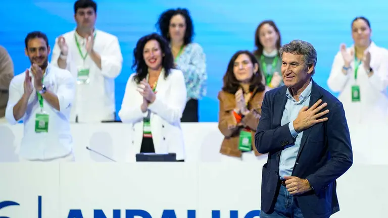 El presidente del PP, Albero Nuñez Feijoo, durante el congreso del PP-A. A 9 de noviembre de 2025. Tercera, y última, jornada del XVII Congreso del PP-A, que incluye la intervención de los presidente del PP, Albero Nuñez Feijoo, y del presidente de la Junta y del PP-A, Juanma Moreno. (Joaquin Corchero / Europa Press)