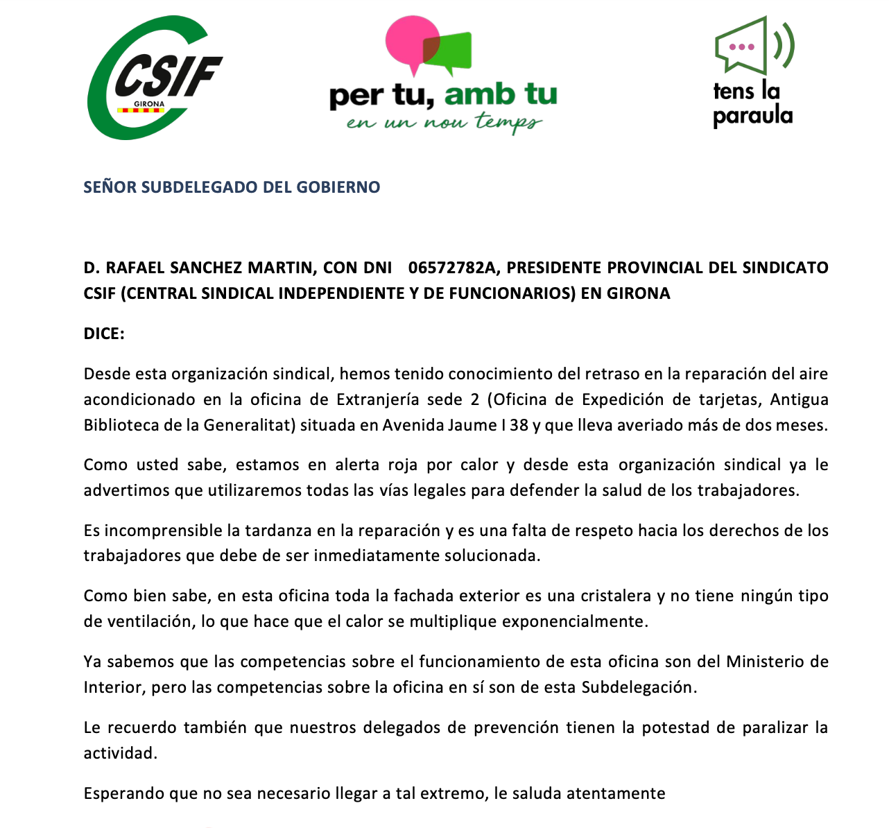 Escrito a Subdelegado - Avería aire acondicionado.