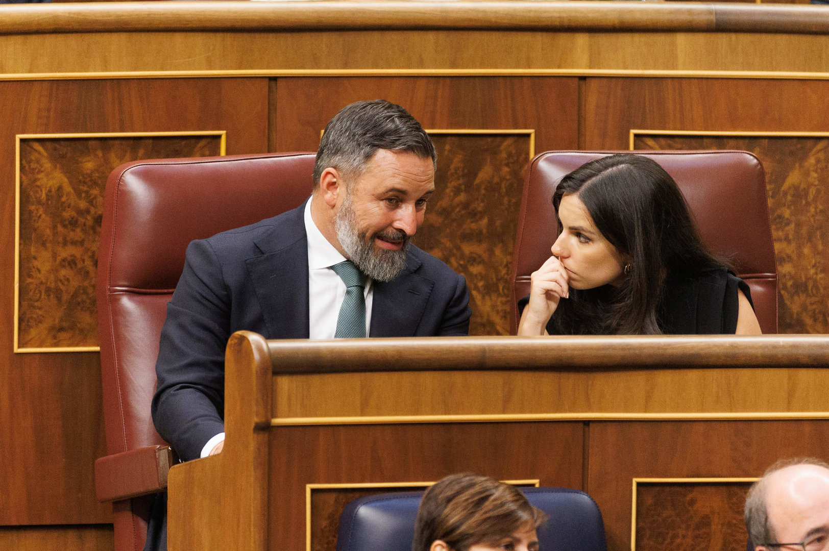 El líder de Vox, Santiago Abascal, y la nueva portavoz de Vox en el Congreso, Pepa Millán. 