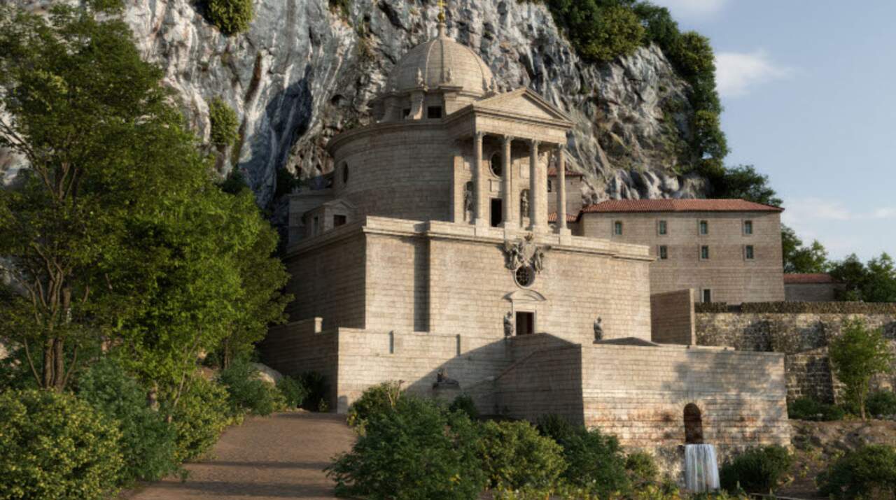 Recreación virtual del exterior del Templo para el Santuario de N. ª S. ª de Covadonga concebido por Ventura Rodríguez en 1779.© Fundación María Cristina Masaveu Peterson.
Autores: Magoga Piñas Azpiarte | Alberto Luque González.