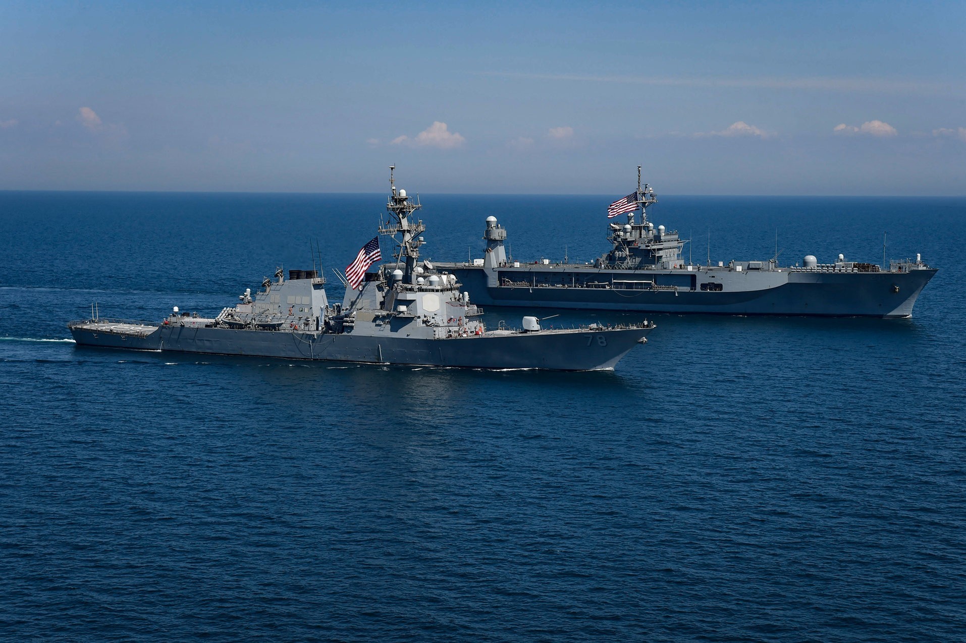 BLACK SEA (July 13, 2018) The Arleigh Burke-class guided-missile destroyer USS Porter (DDG 78) and the Blue Ridge-class command and control ship USS Mount Whitney (LCC 20) sail in formation in the Black Sea during exercise Sea Breeze 2018, July 13, 2018. Sea Breeze is a U.S. and Ukraine co-hosted multinational maritime exercise held in the Black Sea and is designed to enhance interoperability of participating nations and strengthen Maritime security within the region. (U.S. Navy photo by Mass Communication Specialist 1st Class Justin Stumberg/Released)180713-N-XT273-560 