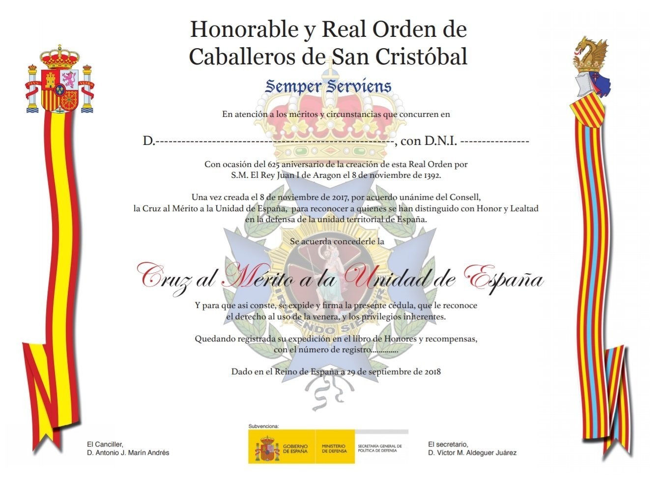 Diploma de la Real Orden de Caballeros de San Cristóbal.